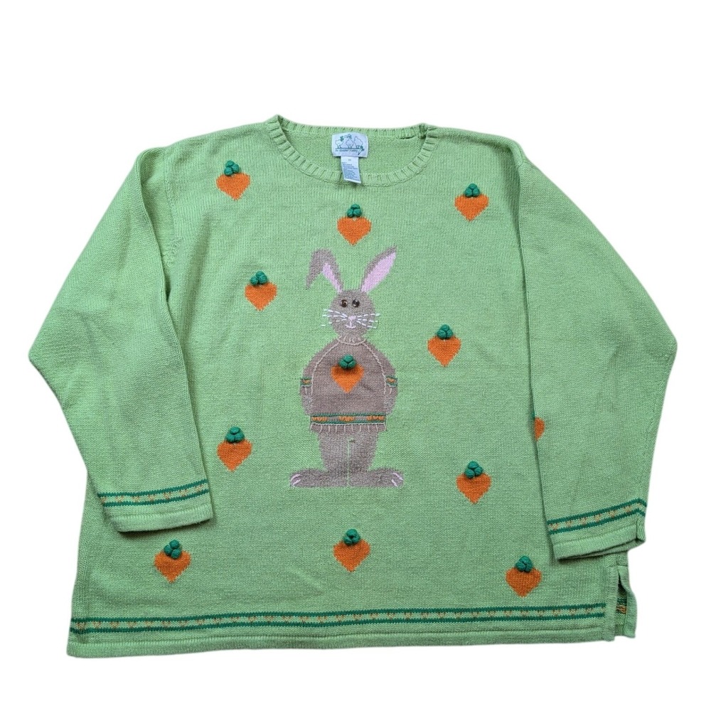 Quacker Factory Easter Bunny Carrot Sweater Green Ramie Cotton Knit 3X A0191